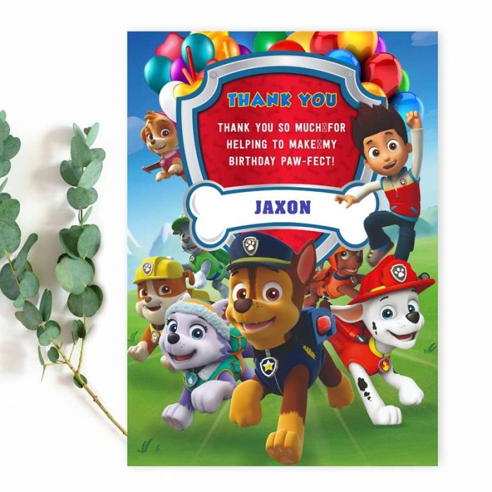 Paw Patrol thank you card editable template